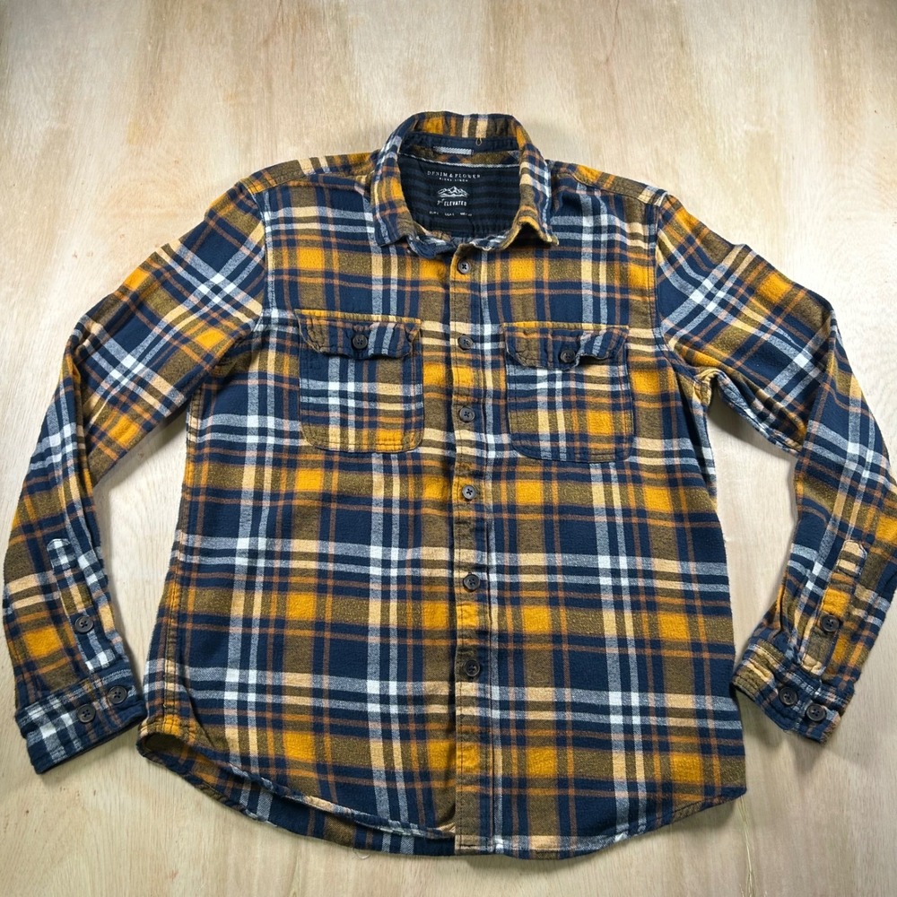 Denim & Flower Ricky Singh Mens Large Plaid Flannel Shirt Mustard Navy Yellow